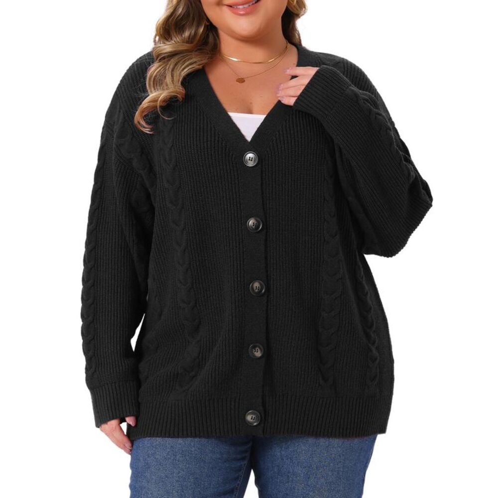 Women Plus Size Casual Knit V Neck Button Down Cardigan Black